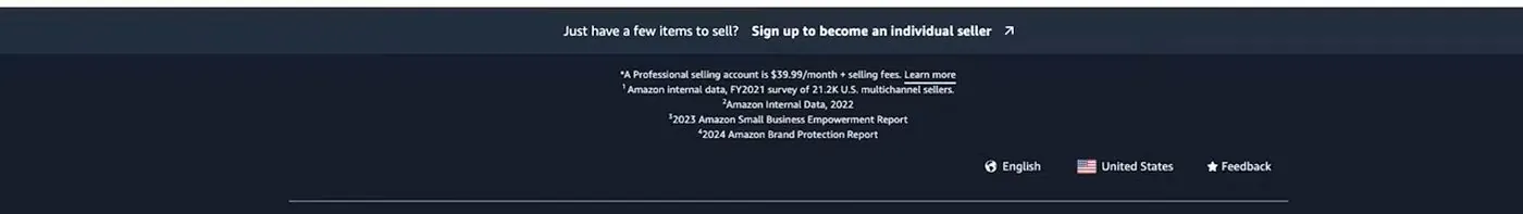 The footer of Amazon's seller site showing a bar that reads Just have a few items to sell, Sign up to become an individual seller, with a note under it that a Professional selling account is $39.99 a month plus selling fees