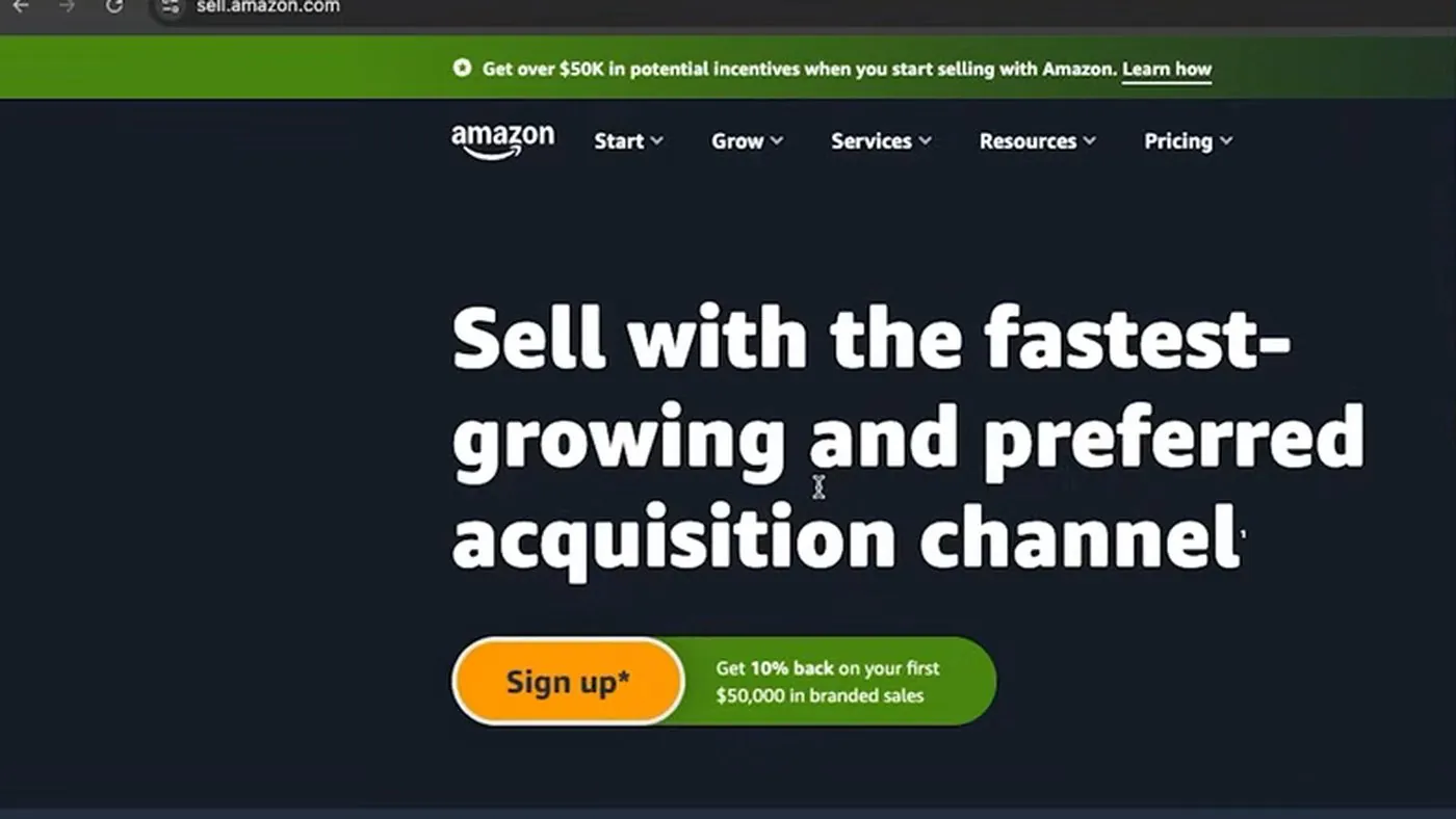 The top of Amazon's seller site at sell.amazon.com with a green banner about incentives, the menu Start, Grow, Services, Resources and Pricing, and a large orange Sign up button