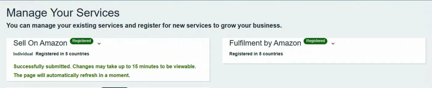 Amazon Seller Central's Manage Your Services page after a plan change showing Individual, Registered in 5 countries, and a green message that the change was successfully submitted and may take up to 15 minutes to be viewable