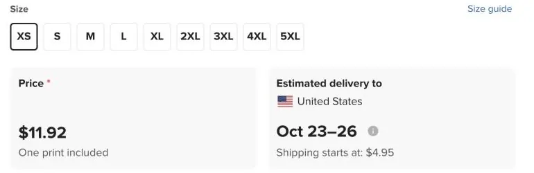 The price and delivery boxes on Printful's Bella + Canvas 3001 page with size XS selected, showing a price of $11.92 with one print included, and Shipping starts at $4.95 for delivery to the United States