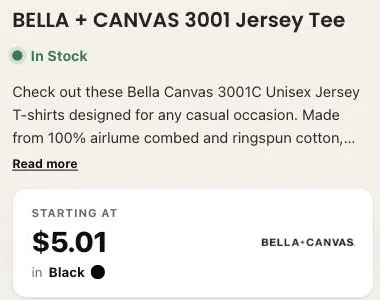 The top of Shirts In Bulk's Bella + Canvas 3001 Jersey Tee page showing In Stock and a Starting at price of $5.01 in Black