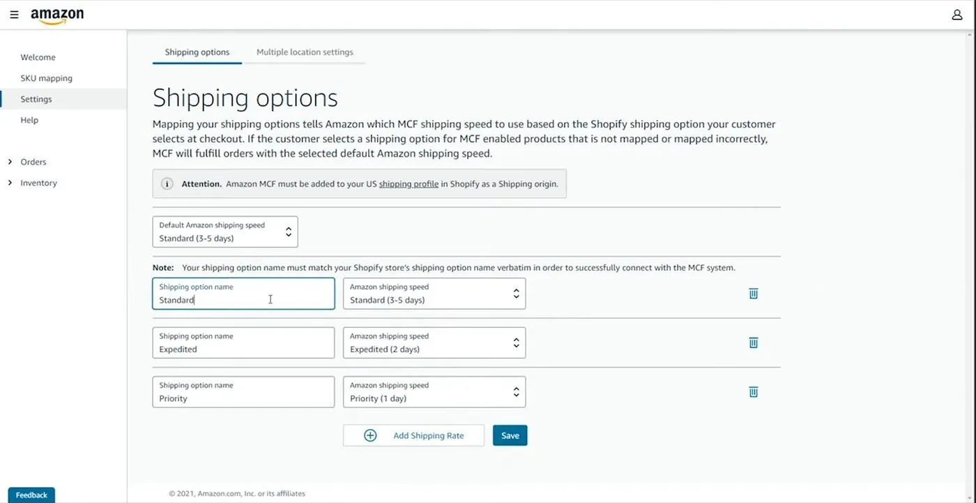 Amazon's Shipping options screen matching Shopify shipping names to Amazon speeds: Standard to Standard 3-5 days, Expedited to Expedited 2 days, Priority to Priority 1 day, with a note that names must match verbatim