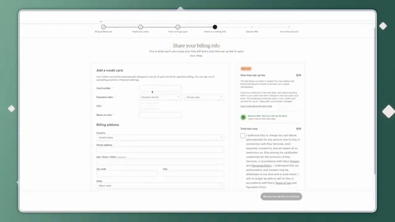 Etsy's Share your billing info screen with card fields on the left and a box on the right showing a one-time set-up fee of $29 and a total due now of $29