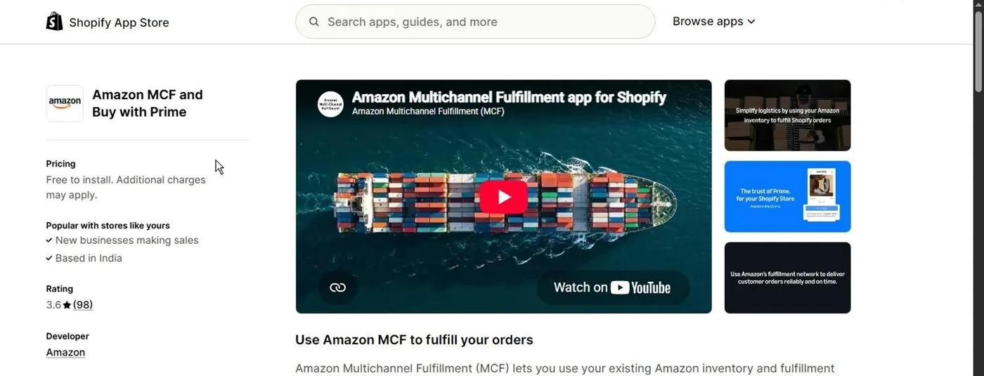 The Shopify App Store listing for Amazon MCF and Buy with Prime by Amazon, with Pricing reading Free to install, additional charges may apply, a rating of 3.6, and the start of a description about using your existing Amazon inventory