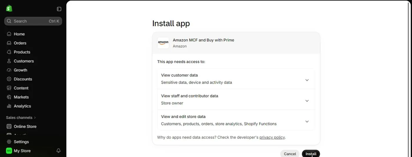 Shopify's Install app screen for Amazon MCF and Buy with Prime listing three access requests: view customer data, view staff and contributor data, and view and edit store data, with Cancel and Install buttons