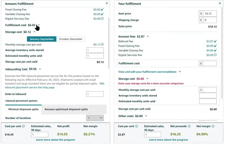 Amazon's Revenue Calculator scrolled down to the storage cost section with January-September selected, then the Inbounding Cost section with Minimal shipment splits and Amazon optimized shipment splits tabs, and a bottom bar showing cost per unit, net profit and net margin