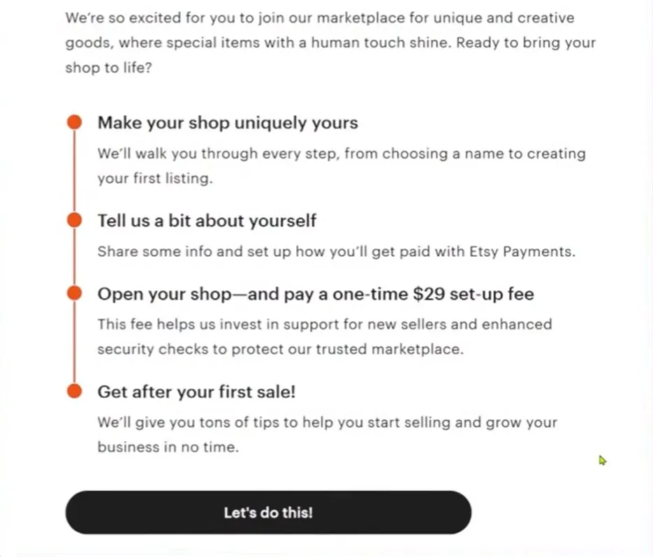 Etsy's shop-opening welcome screen listing four steps, the third reading Open your shop and pay a one-time $29 set-up fee, with a black Let's do this button underneath