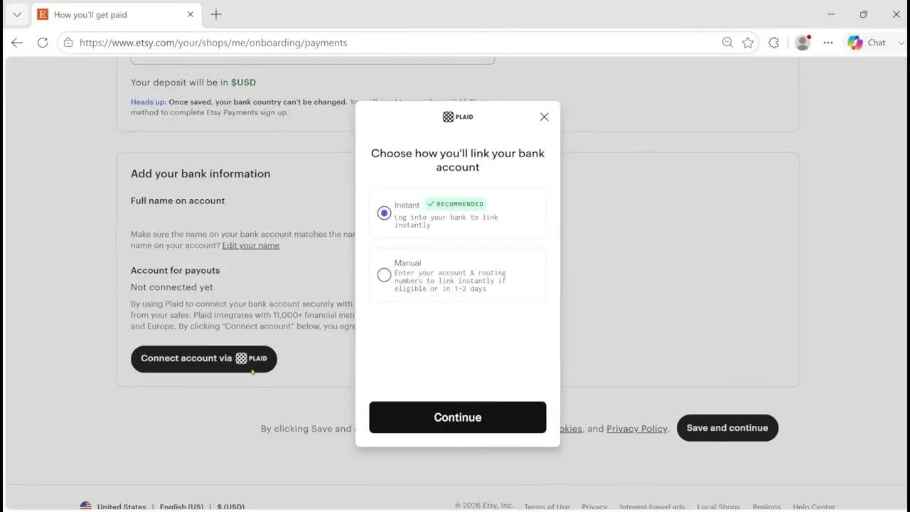 A Plaid box on top of Etsy's How you'll get paid screen titled Choose how you'll link your bank account, with Instant marked recommended and Manual below it, and a black Continue button
