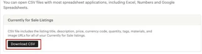 Etsy's Download Shop Data page with the Currently for Sale Listings box open and its Download CSV button circled in red