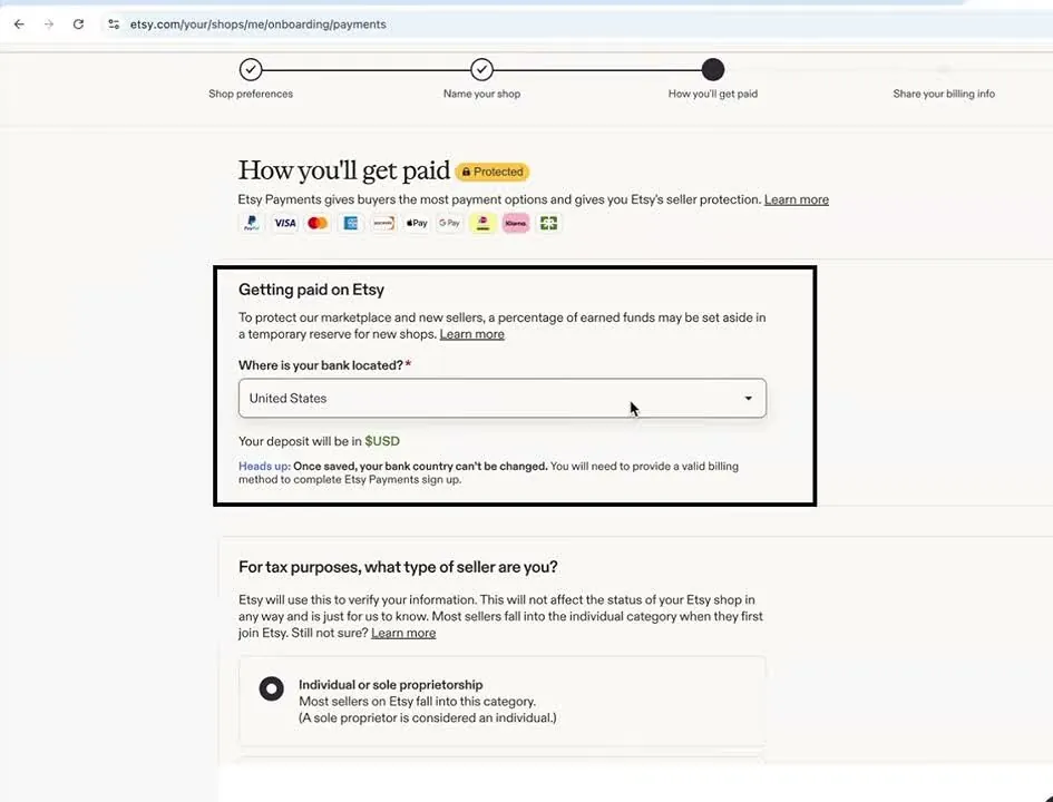 Etsy's How you'll get paid screen with a box called Getting paid on Etsy that mentions a temporary reserve for new shops, a Where is your bank located menu set to United States, a heads-up that the bank country can't be changed, and a seller type question with Individual or sole proprietorship selected