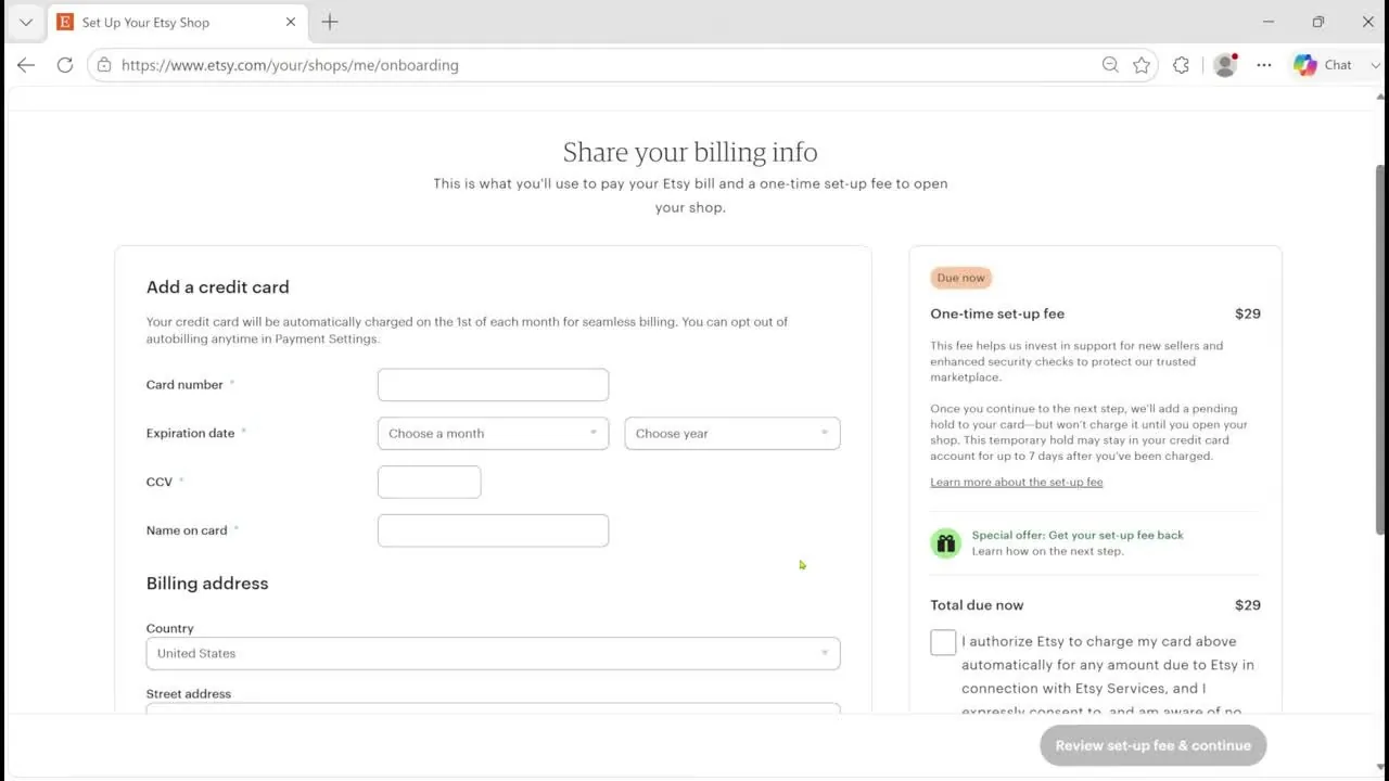 Etsy's Share your billing info screen with card number, expiration date, security code and name on card boxes on the left, and on the right a Due now box showing a one-time set-up fee of $29, a Special offer note, a total due now of $29, an authorize checkbox and a grayed Review set-up fee and continue button