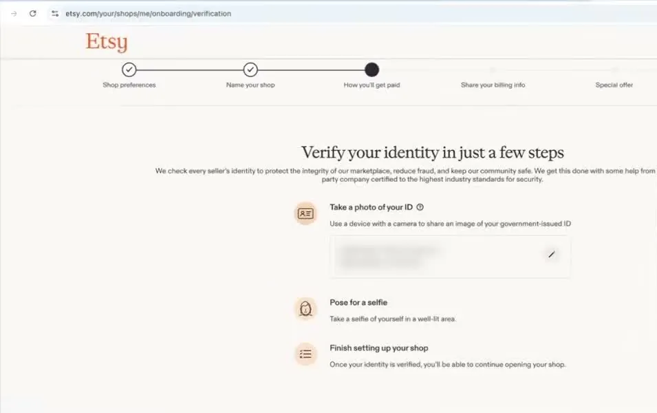 Etsy's Verify your identity in just a few steps screen listing Take a photo of your ID, Pose for a selfie and Finish setting up your shop, with the ID details blurred