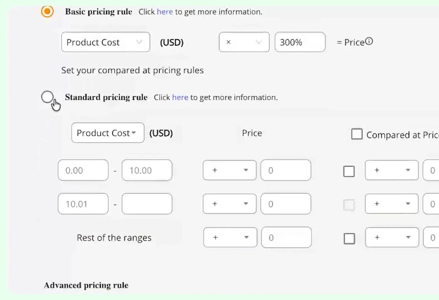 DSers pricing rule screen with Basic pricing rule, Product Cost times 300 percent equals Price, above a Standard pricing rule with cost ranges 0.00 to 10.00 and 10.01 and up and a Rest of the ranges row