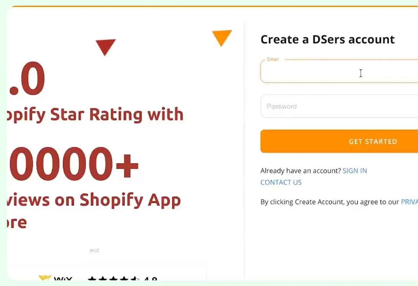 DSers Create a DSers account screen with an email box, a password box, an orange GET STARTED button and a Sign in link