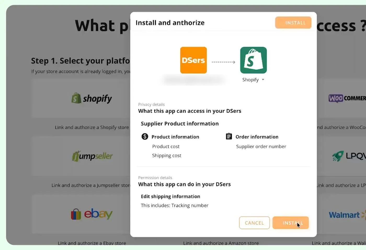 DSers Install and authorize box from DSers to Shopify, listing product cost, shipping cost and supplier order number as what the app can access in DSers, and edit shipping information including the tracking number as what it can do, with Cancel and Install buttons