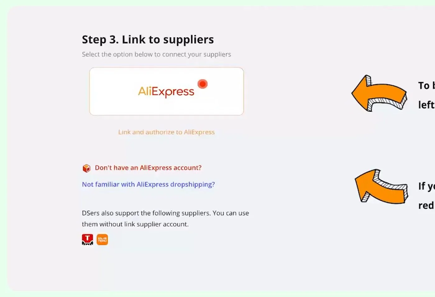 DSers Link to suppliers screen with an AliExpress tile, the words Link and authorize to AliExpress, and a link for people without an AliExpress account