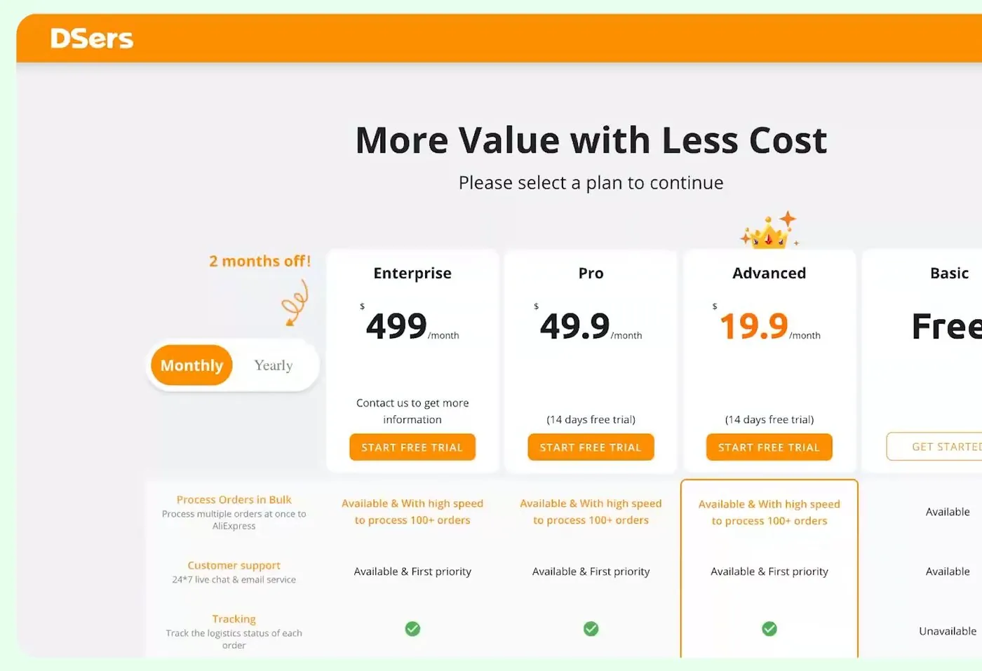 DSers plan screen with a Monthly and Yearly switch and four plan cards named Enterprise, Pro, Advanced and Basic, with Basic marked Free and a GET STARTED button
