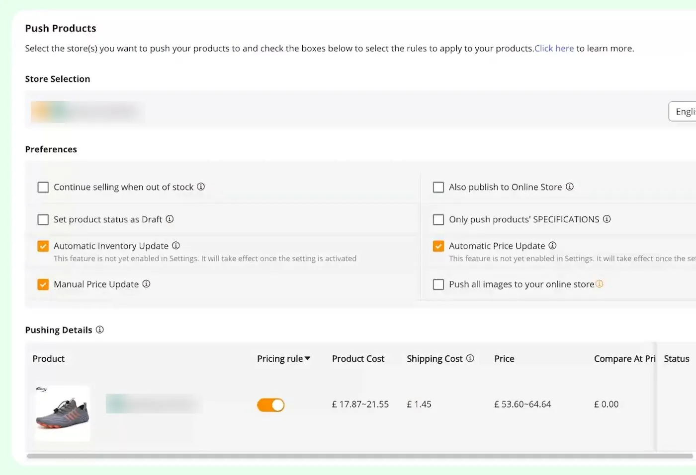 DSers Push Products box with the store name blurred, a Preferences area of tick boxes including Set product status as Draft, and a Pushing Details table with product cost, shipping cost and price in pounds
