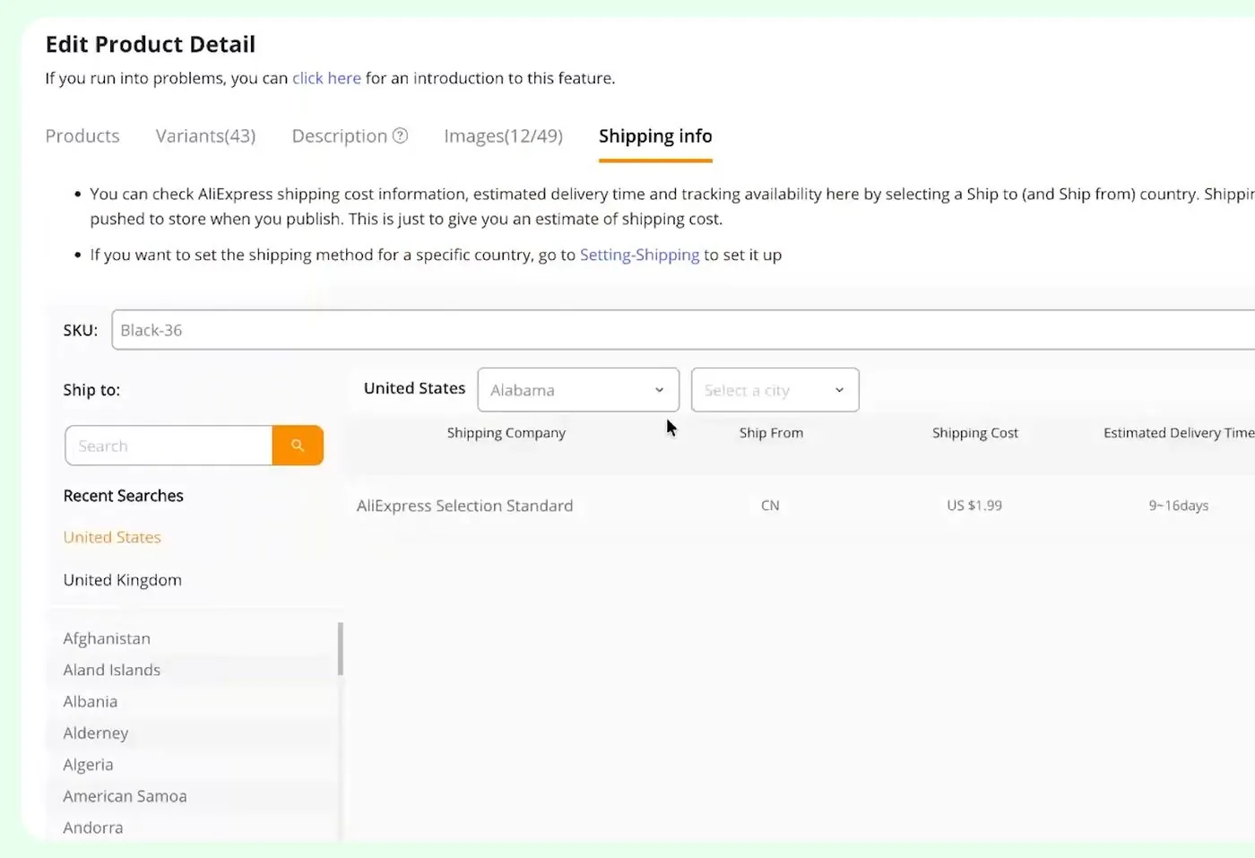 DSers Shipping info tab with a note that shipping information will not be pushed to the store, and a table for the United States showing AliExpress Selection Standard shipping from China, US 1.99 dollars, and an estimated delivery time of 9 to 16 days