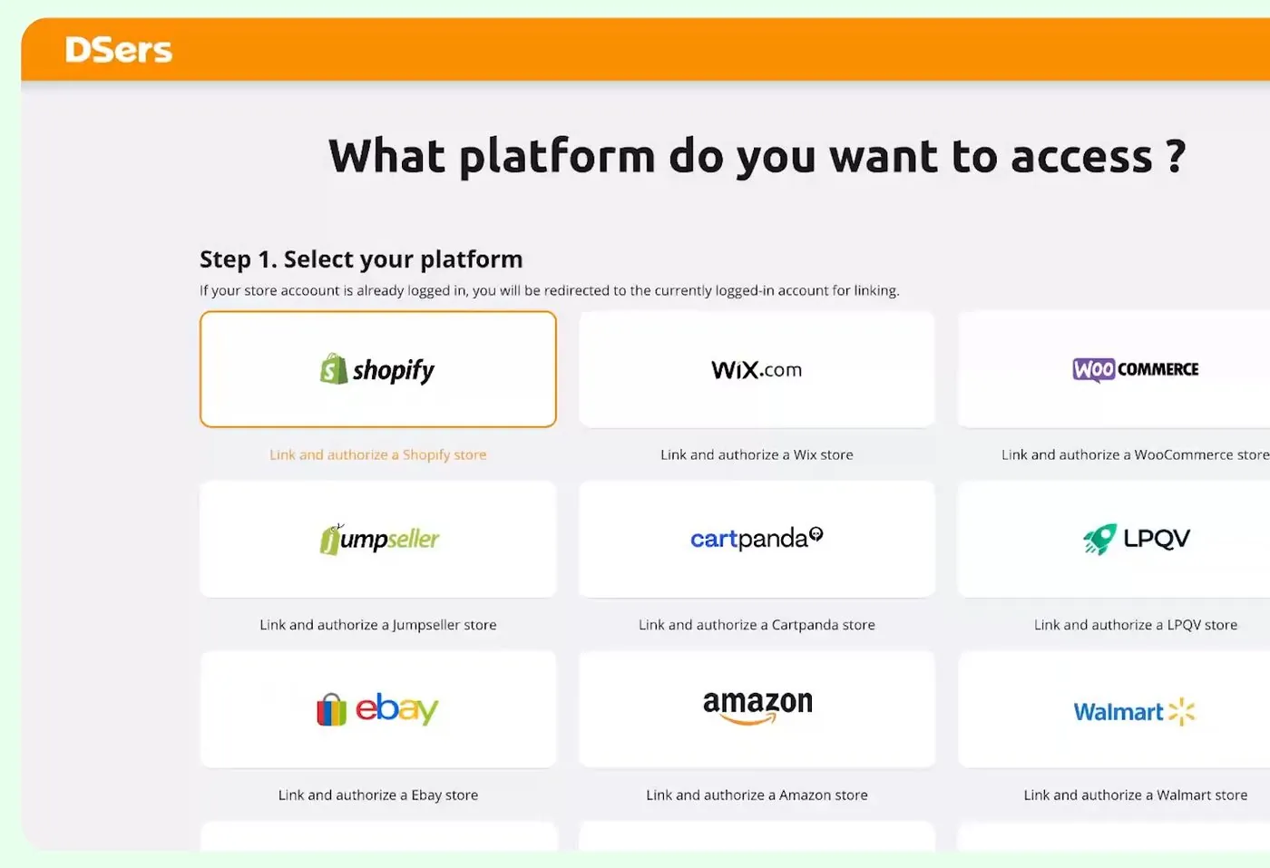DSers screen titled What platform do you want to access with Shopify highlighted first, followed by Wix.com, WooCommerce, Jumpseller, Cartpanda, LPQV, eBay, Amazon and Walmart