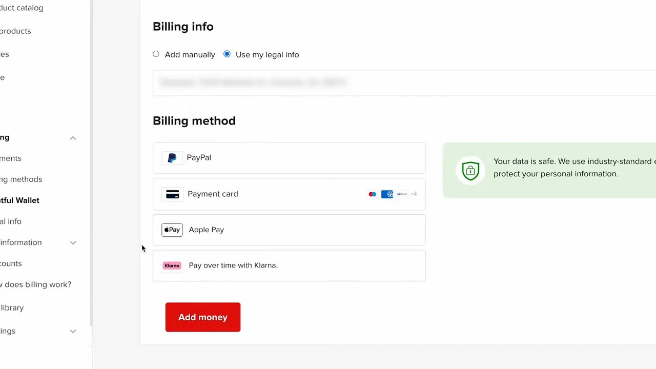 Printful Wallet screen with a blurred Billing info address and a Billing method list showing PayPal, Payment card, Apple Pay and Pay over time with Klarna, above a red Add money button