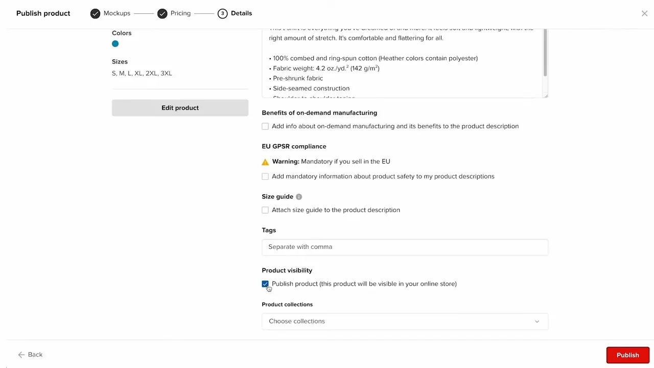 Printful Details step with a product description, an EU GPSR compliance warning, a size guide box, tags, and a ticked Publish product box under Product visibility, with a red Publish button