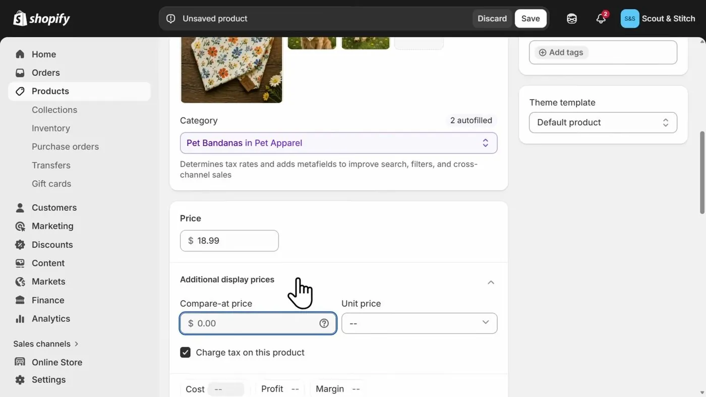 Shopify's Add product page showing a Category box reading Pet Bandanas in Pet Apparel, a Price box with 18.99, a Compare-at price box, a Unit price menu and a checked Charge tax on this product box