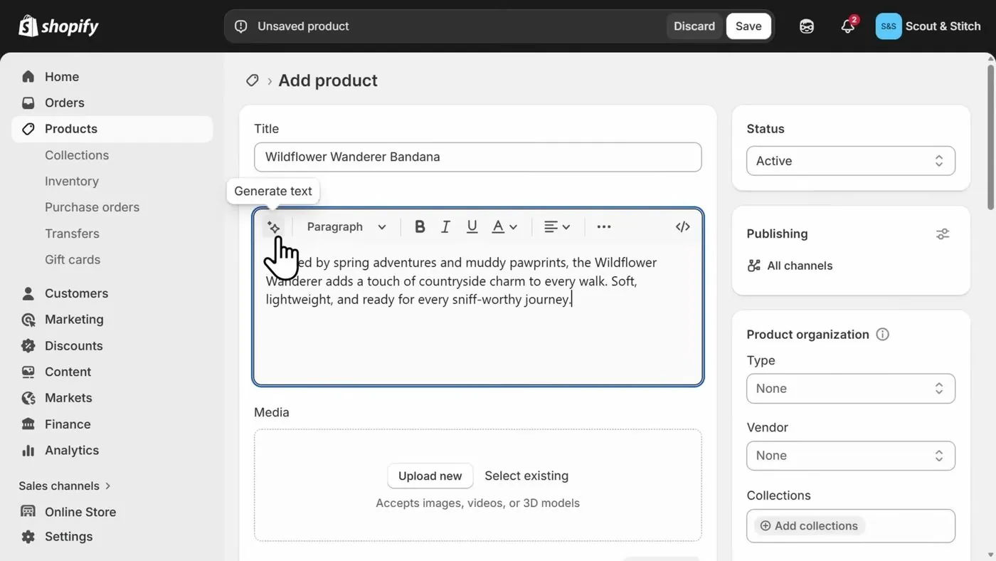 Shopify's Add product page with a Title box, a description box with a formatting toolbar, a Media box with Upload new and Select existing, and Status and Product organization boxes on the right