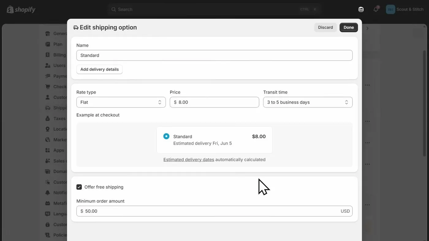 Shopify's Edit shipping option box with the name Standard, rate type Flat, a price of $8.00, a transit time of 3 to 5 business days, and a checked Offer free shipping box with a $50.00 minimum order amount