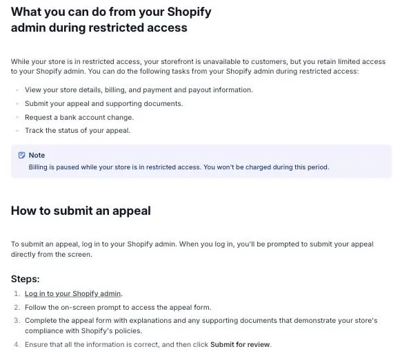 Shopify's store termination help page showing the list of tasks still allowed during restricted access and the four steps to submit an appeal, ending with Submit for review