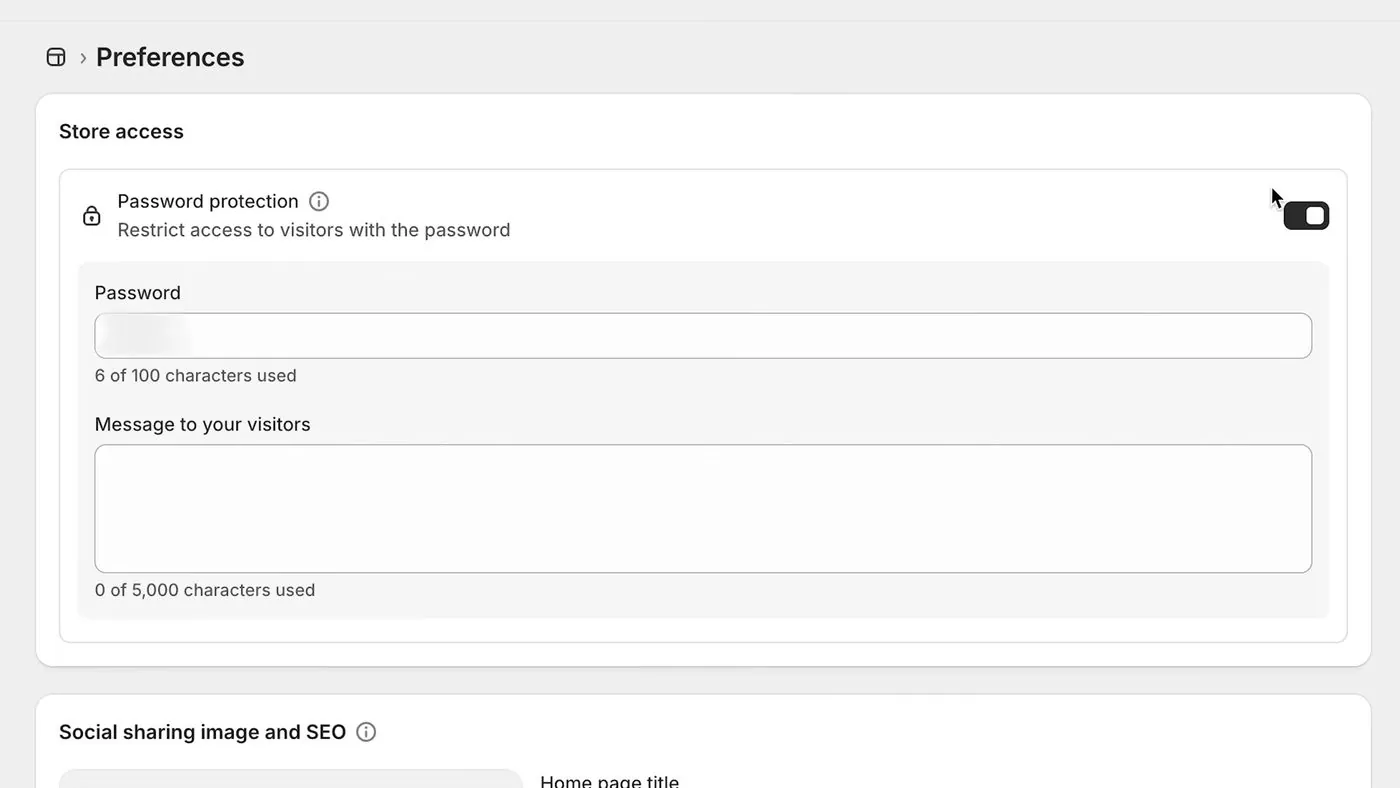 Shopify's Preferences page with a Store access box containing a Password protection switch turned on, a Password box and a Message to your visitors box