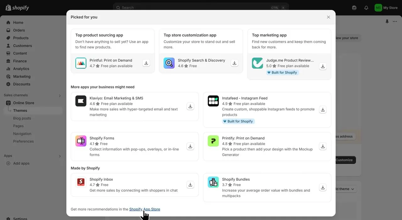 Shopify admin with a Picked for you box listing Printful: Print on Demand under Top product sourcing app and Printify: Print on Demand under More apps your business might need, each with a download icon