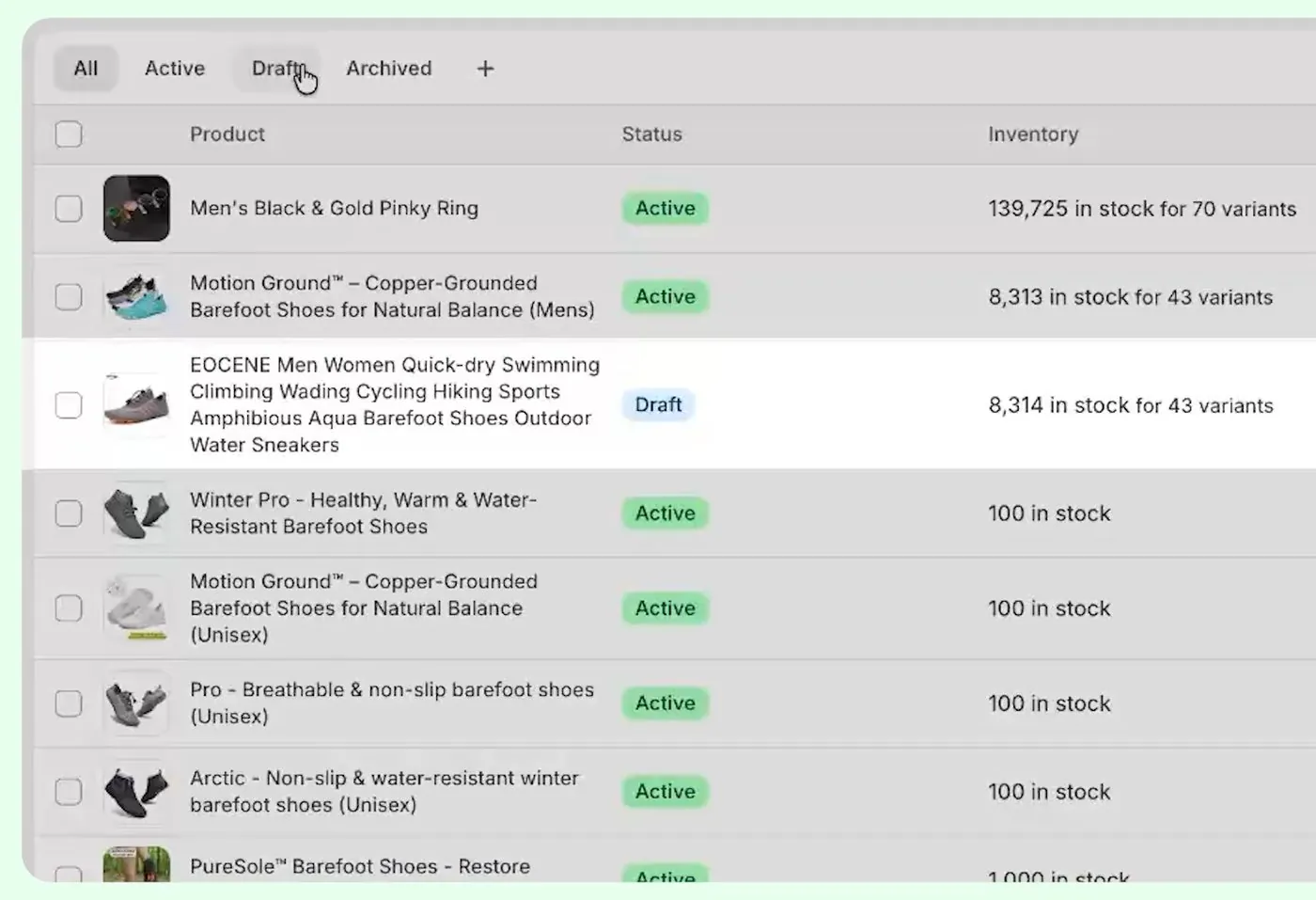 Shopify admin Products list with All, Active, Draft and Archived tabs, showing one product with a blue Draft label between products labeled Active in green