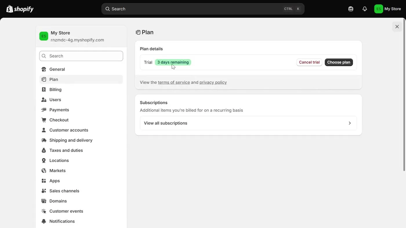Shopify's Settings, Plan screen for a store in its free trial, showing Plan details with Trial, a green 3 days remaining label, a red Cancel trial button and a black Choose plan button