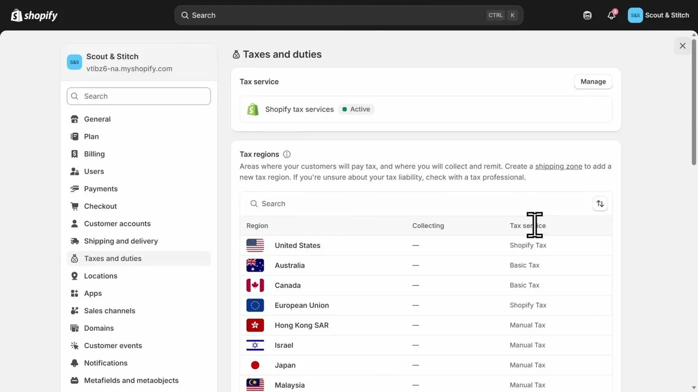 Shopify's Taxes and duties page showing a Shopify tax services box marked Active and a Tax regions list with United States, Australia, Canada and other regions