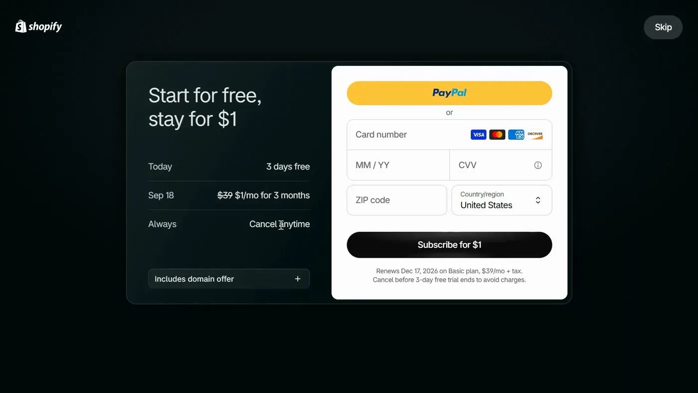 Shopify's Start for free, stay for $1 screen with a Today row, a Sep 18 row and an Always row, a PayPal button, card boxes, a black Subscribe for $1 button and a Skip button in the top right corner