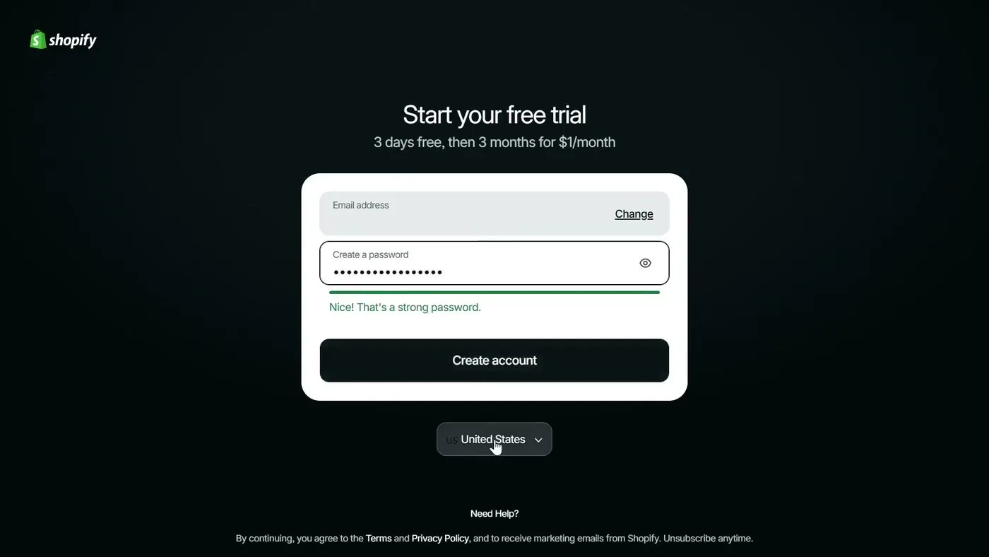Shopify's Start your free trial screen with an email address box, a password box showing a strong password message, a black Create account button and a United States country menu