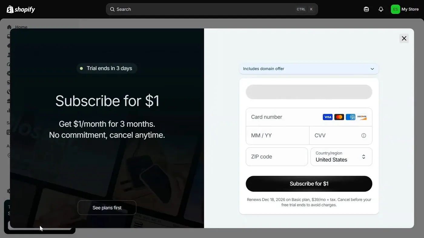 Shopify's Subscribe for $1 pop-up reading Get $1 a month for 3 months, no commitment, cancel anytime, with a See plans first button on the left and a card form on the right