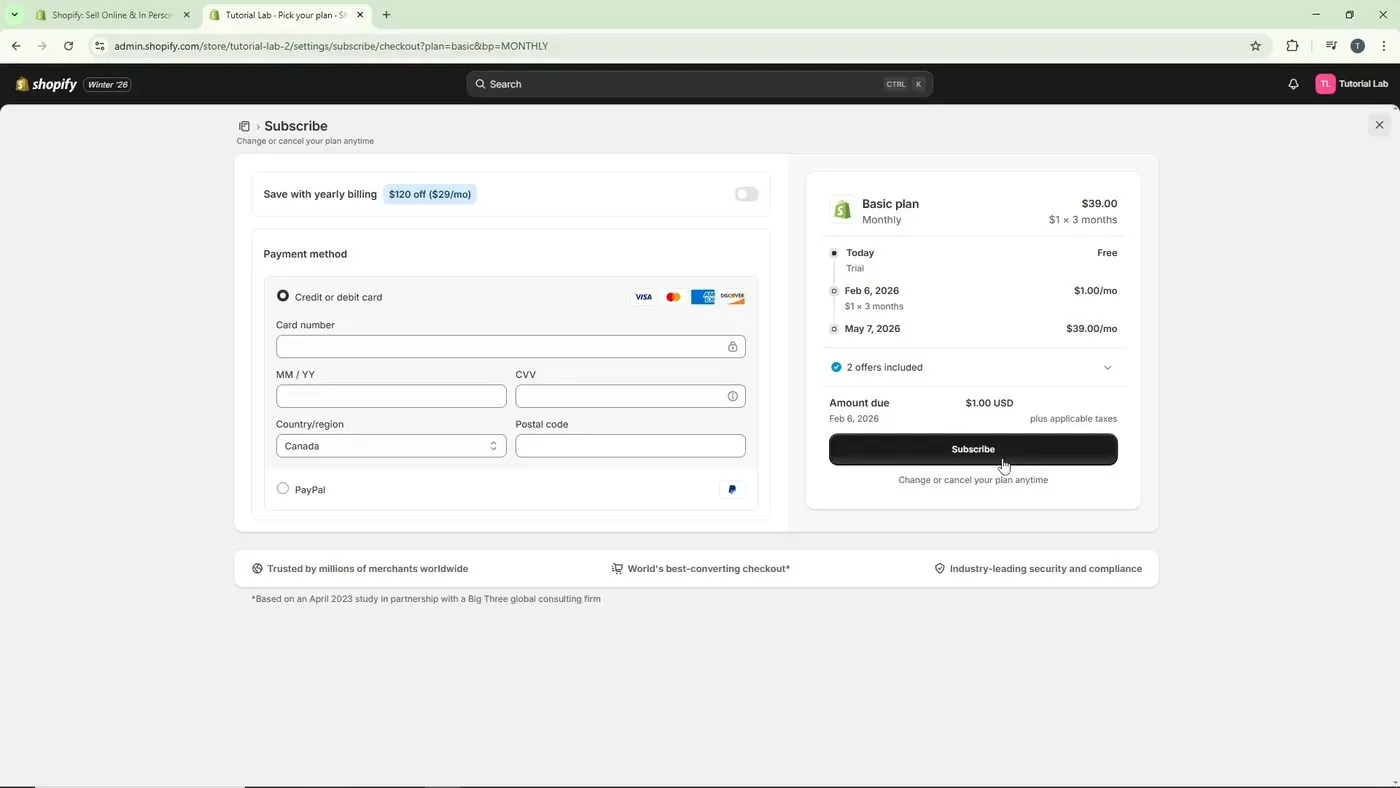 Shopify's Subscribe screen for the Basic plan with a Save with yearly billing switch, a payment method section for card or PayPal, and a summary showing $39.00 monthly and a black Subscribe button