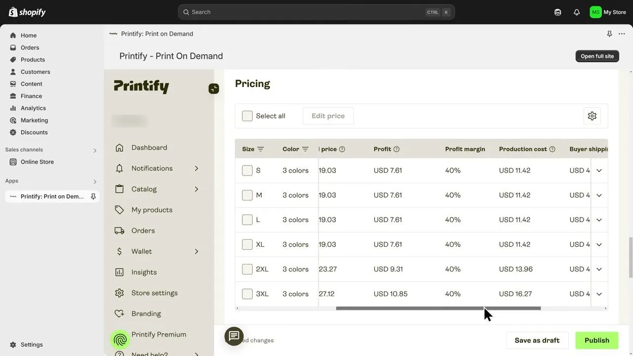 Printify's Pricing table inside Shopify with columns for profit, profit margin and production cost, and rows for sizes S, M, L, XL, 2XL and 3XL, with production cost 11.42 dollars for S to XL, 13.96 for 2XL and 16.27 for 3XL