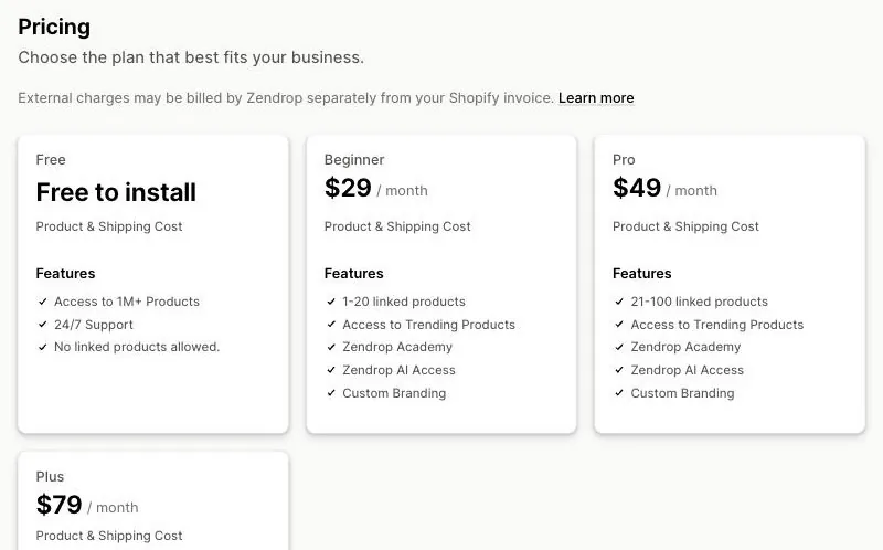 The Pricing section of the Zendrop listing on the Shopify App Store, with a line saying external charges may be billed by Zendrop separately from your Shopify invoice, then plan cards for Free to install, Beginner at $29 a month, Pro at $49 a month and Plus at $79 a month